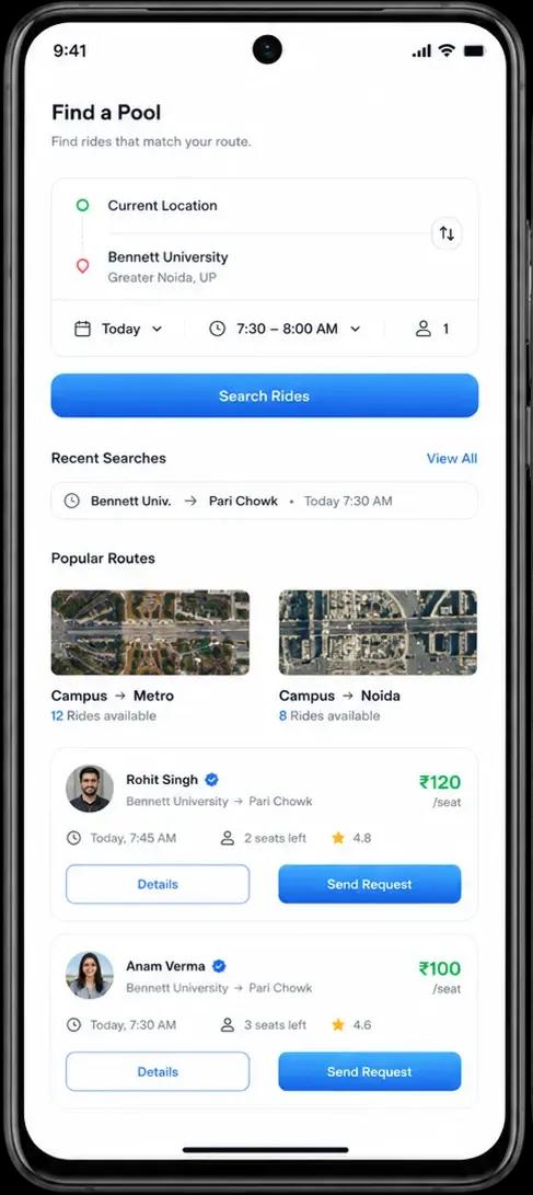 Syinq Find a Pool screen showing campus routes and matches for verified students
