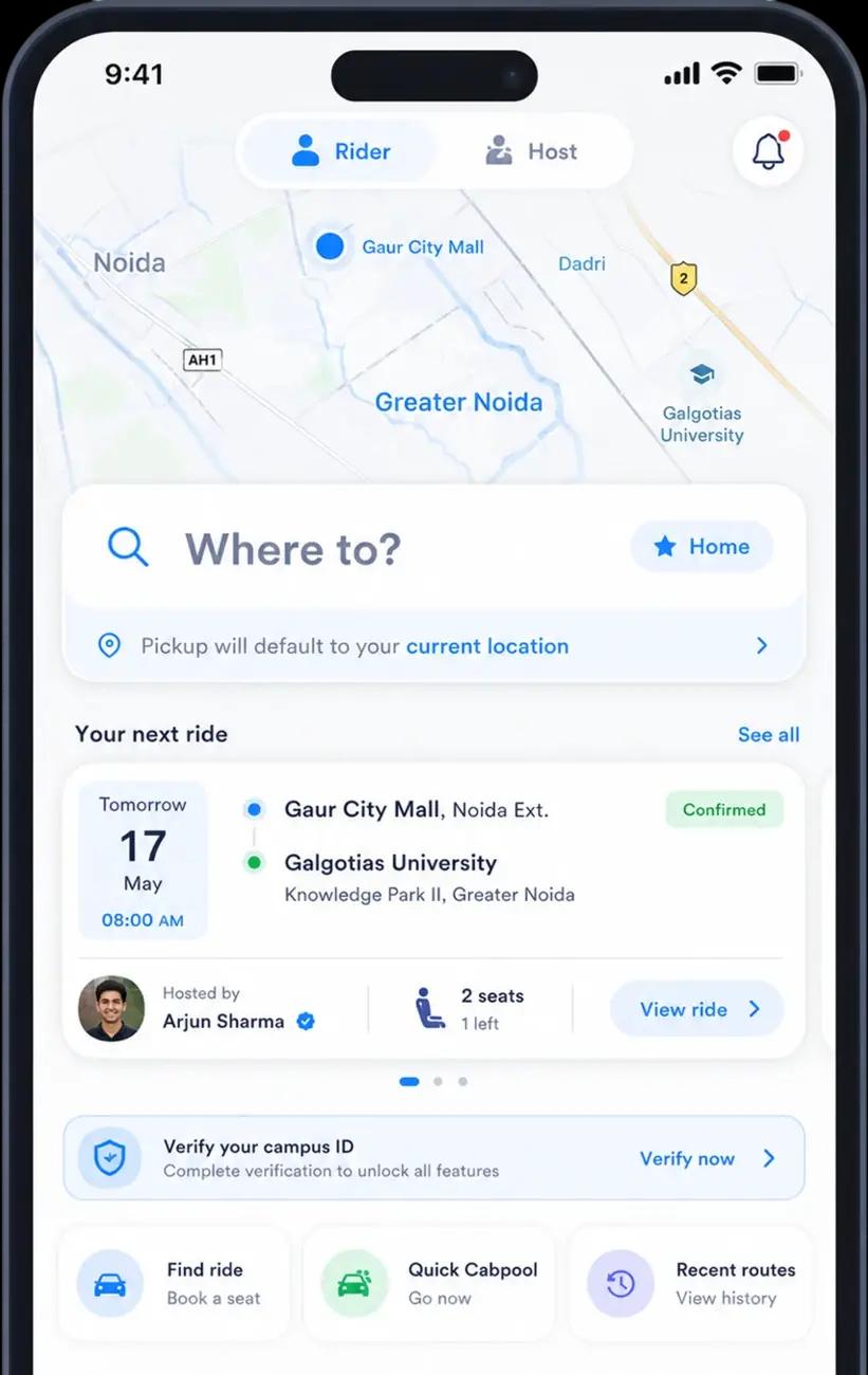Syinq rider home screen with a campus map and the next shared ride to Galgotias University