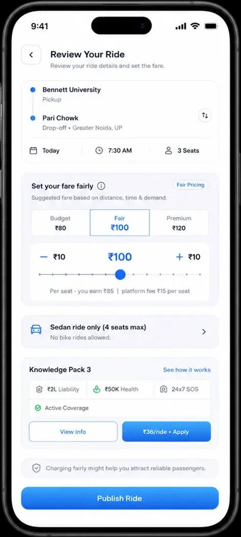 Syinq Host screen to review the fair cost split and publish a route with open seats