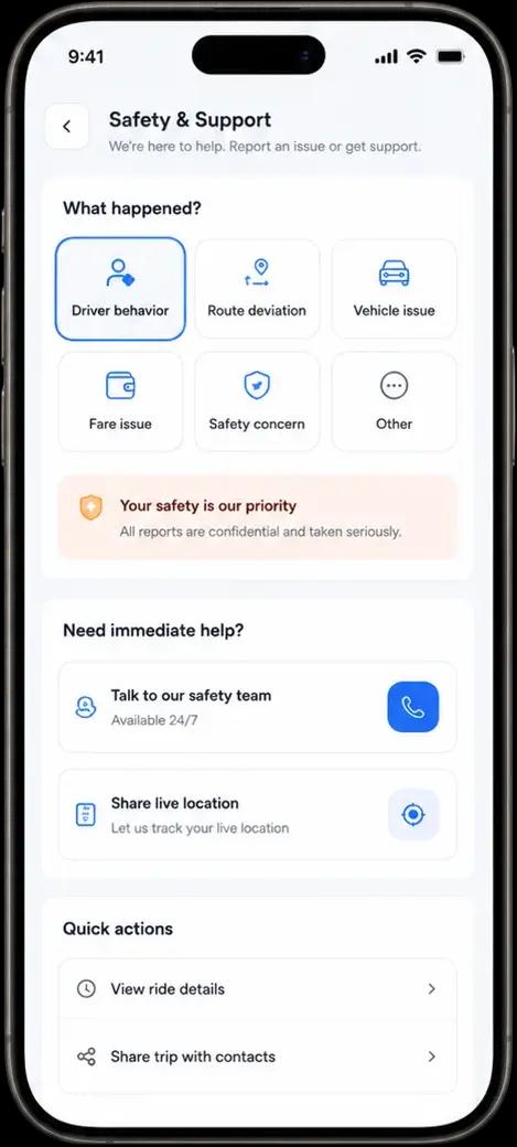 Syinq in-app safety and support screen to report an issue or talk to the team during a campus carpool