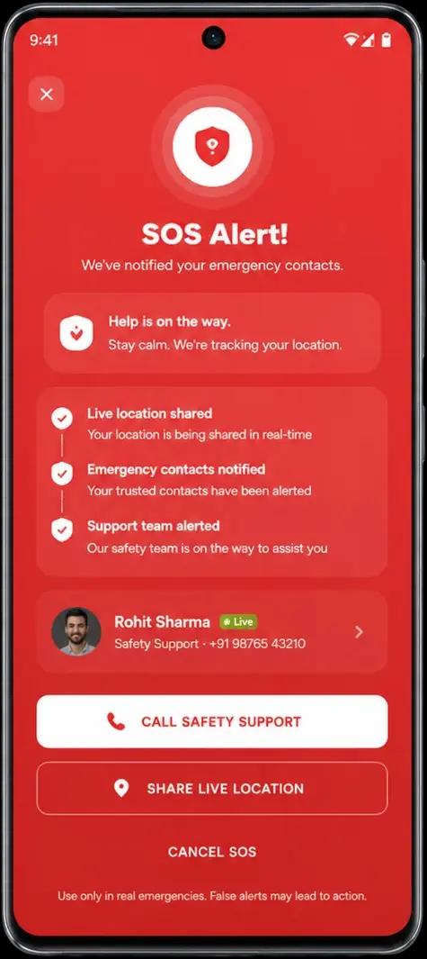 Syinq SOS alert screen notifying emergency contacts during a live shared campus ride