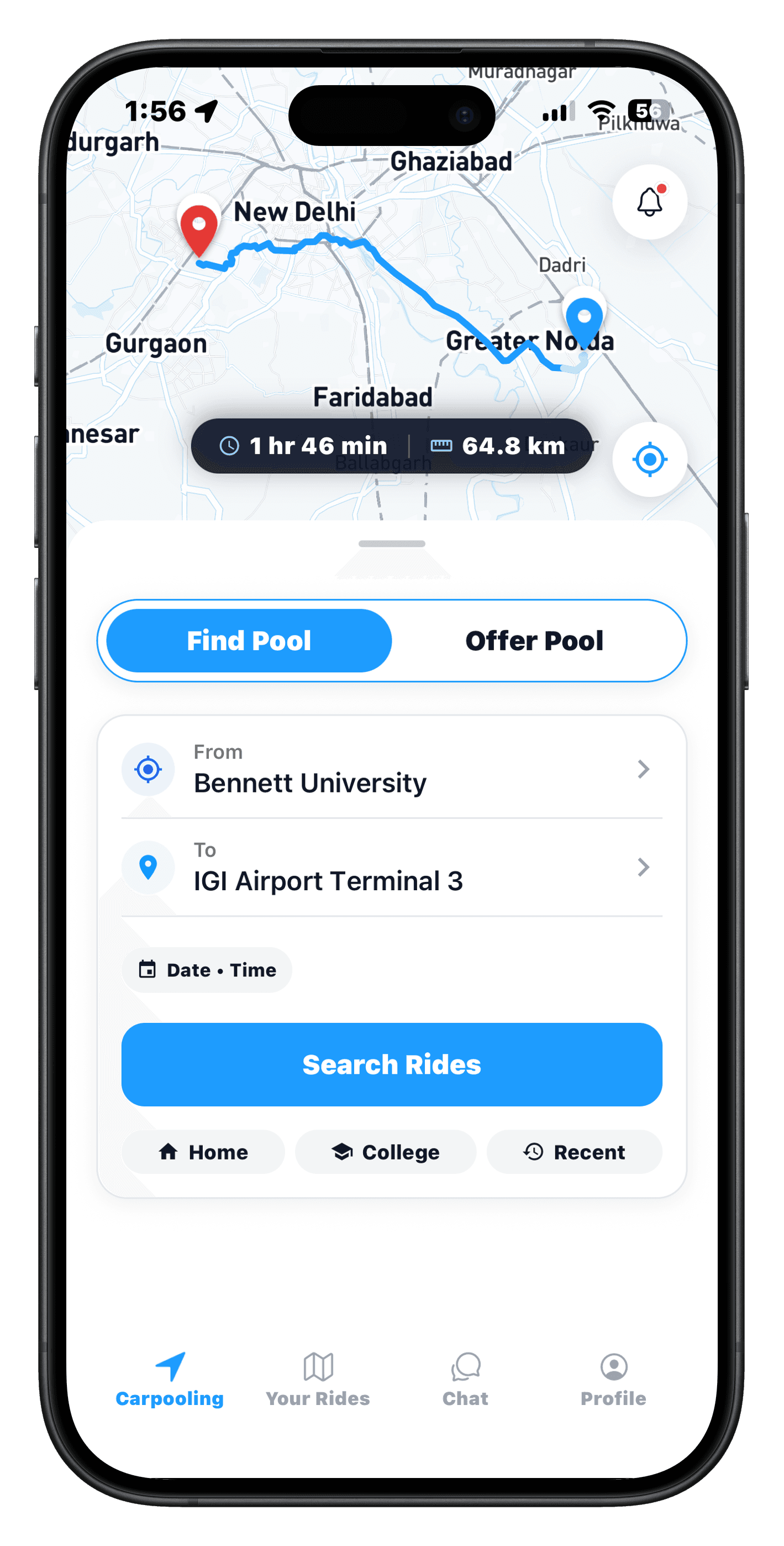 Syinq Find a Pool screen with a Bennett University to DLF Mall route