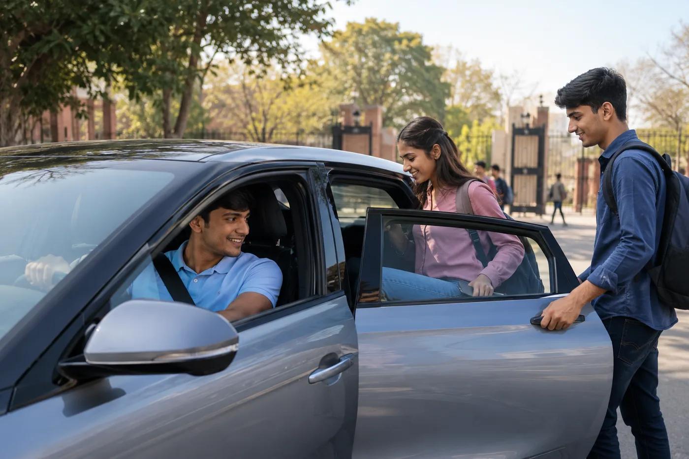 Verified Syinq Host greeting campus students through the car window at a pickup point