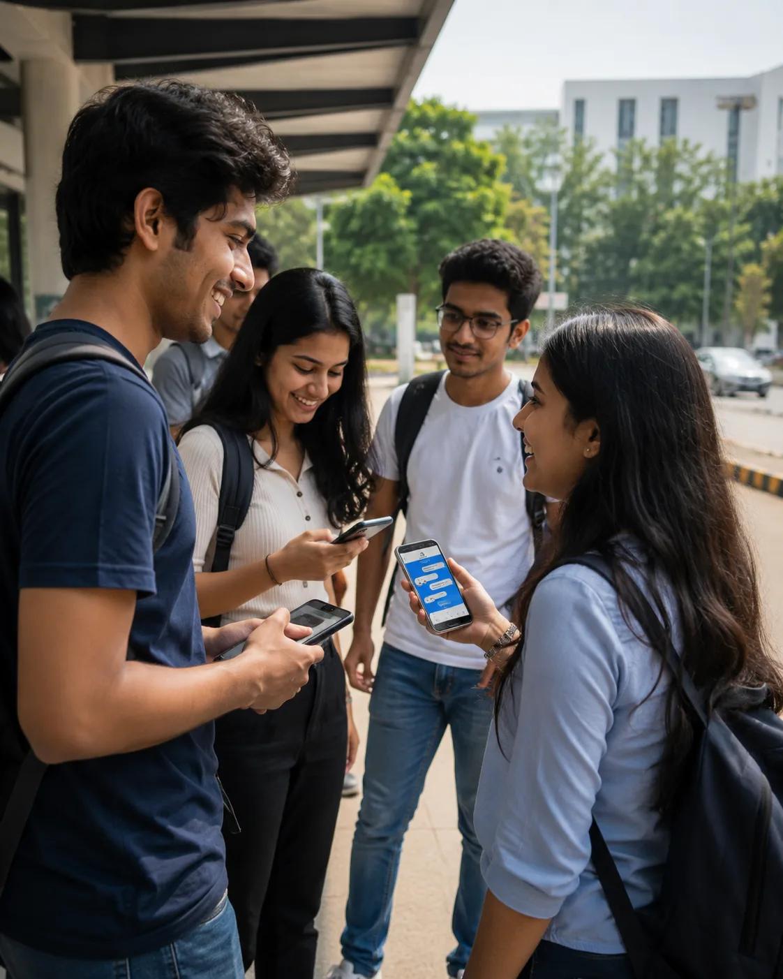 Verified campus students checking the Syinq app together to coordinate a shared ride