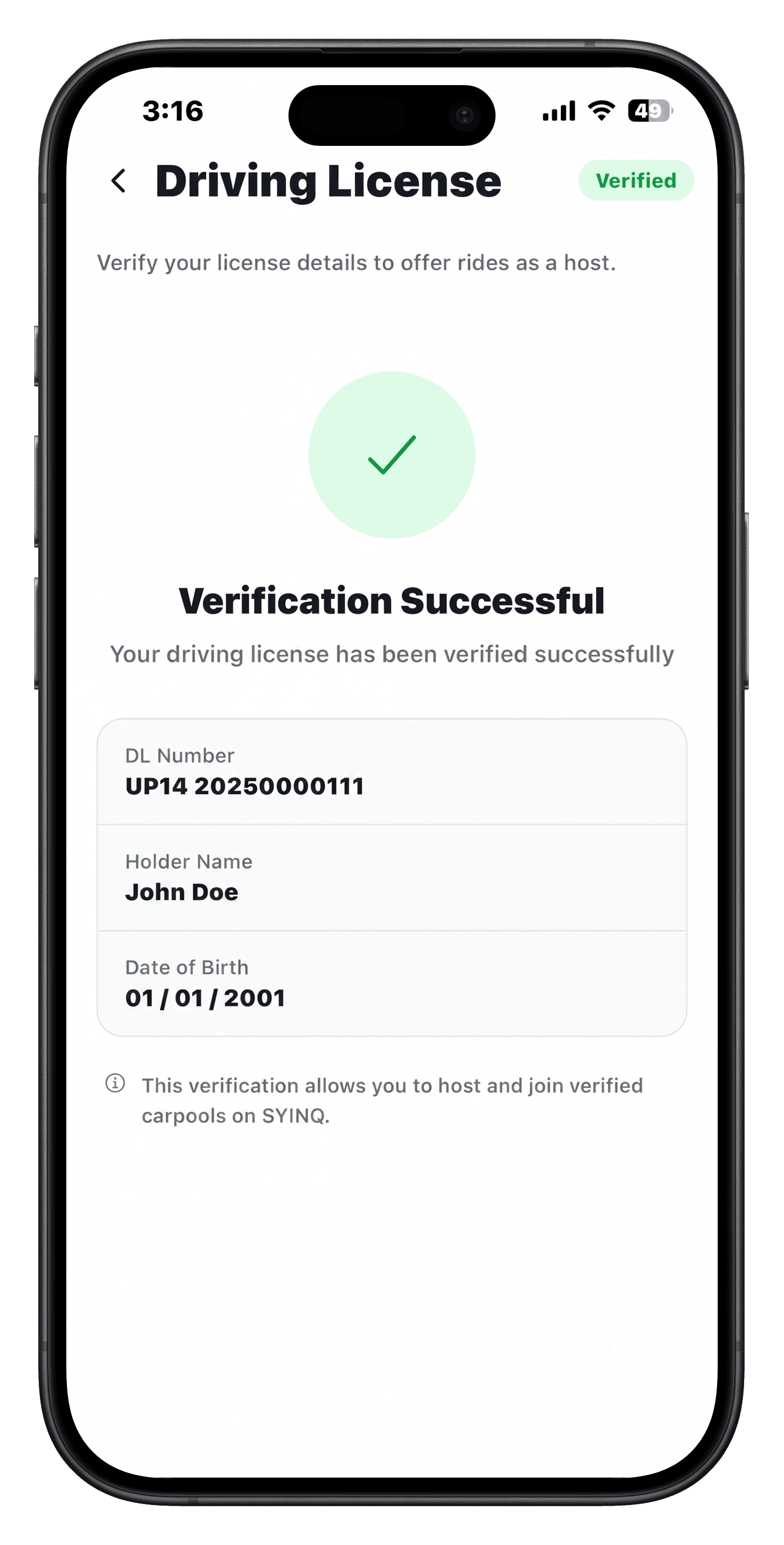 Syinq driving licence verification screen for hosts