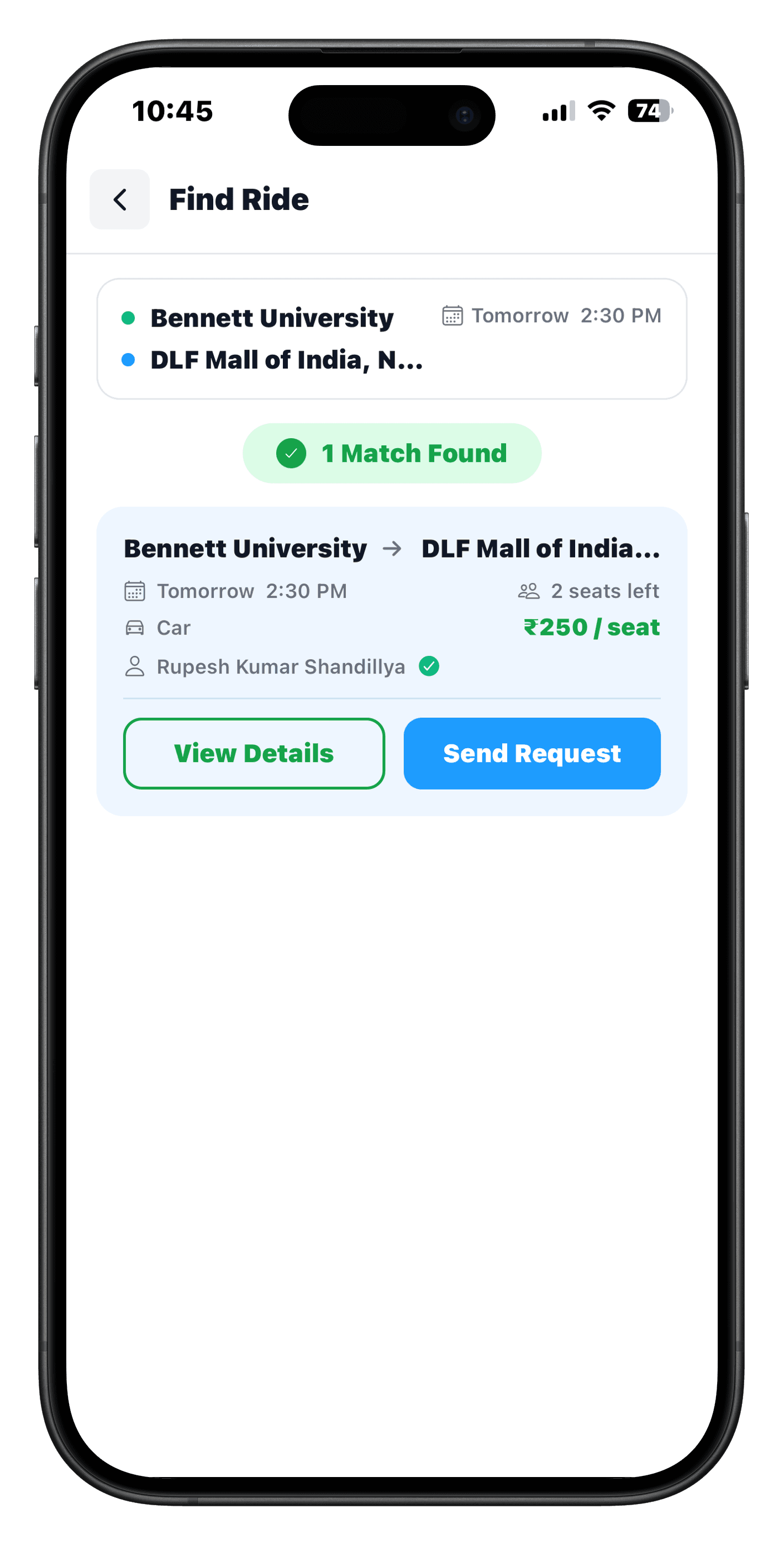 Syinq Find Ride results screen showing one verified match and a Send Request button
